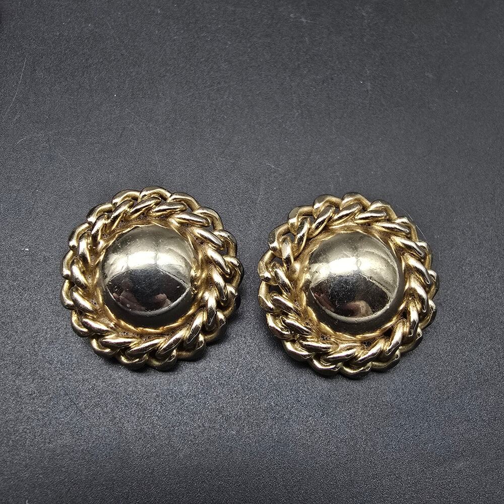 Bergere Gold Tone Clip On Earrings Round Vintage Costume Jewelry